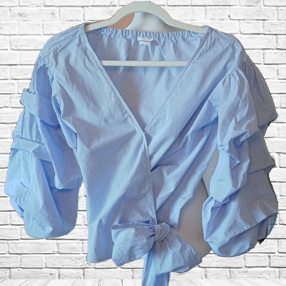 Club Monaco Blue & White Stripe Wrap 100% Cotton Top Blouse Shirt Size XS